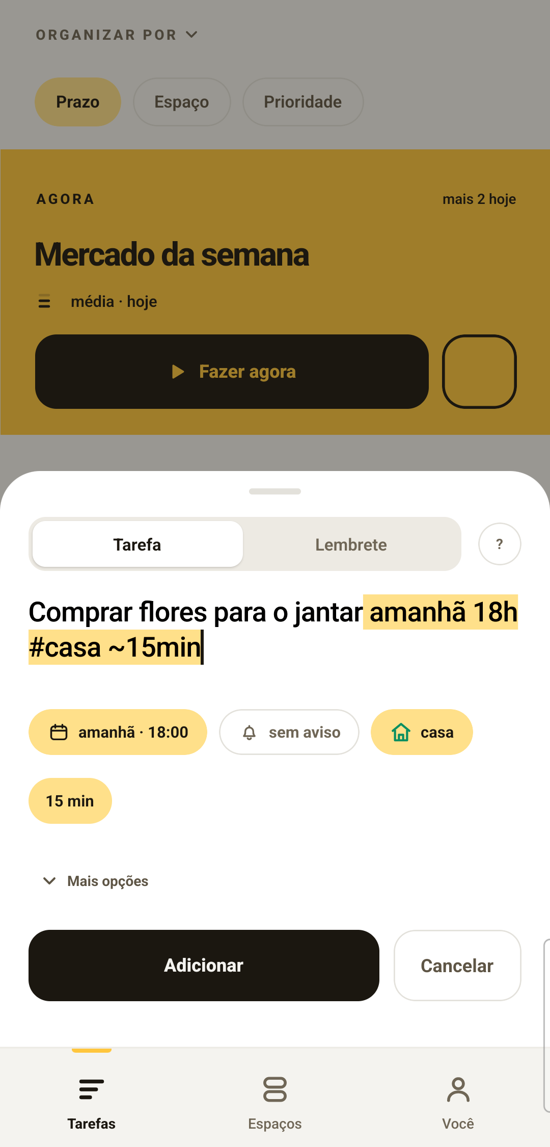 Caixa de captura do Aluza reconhecendo data, espaço e duração escritos em uma frase