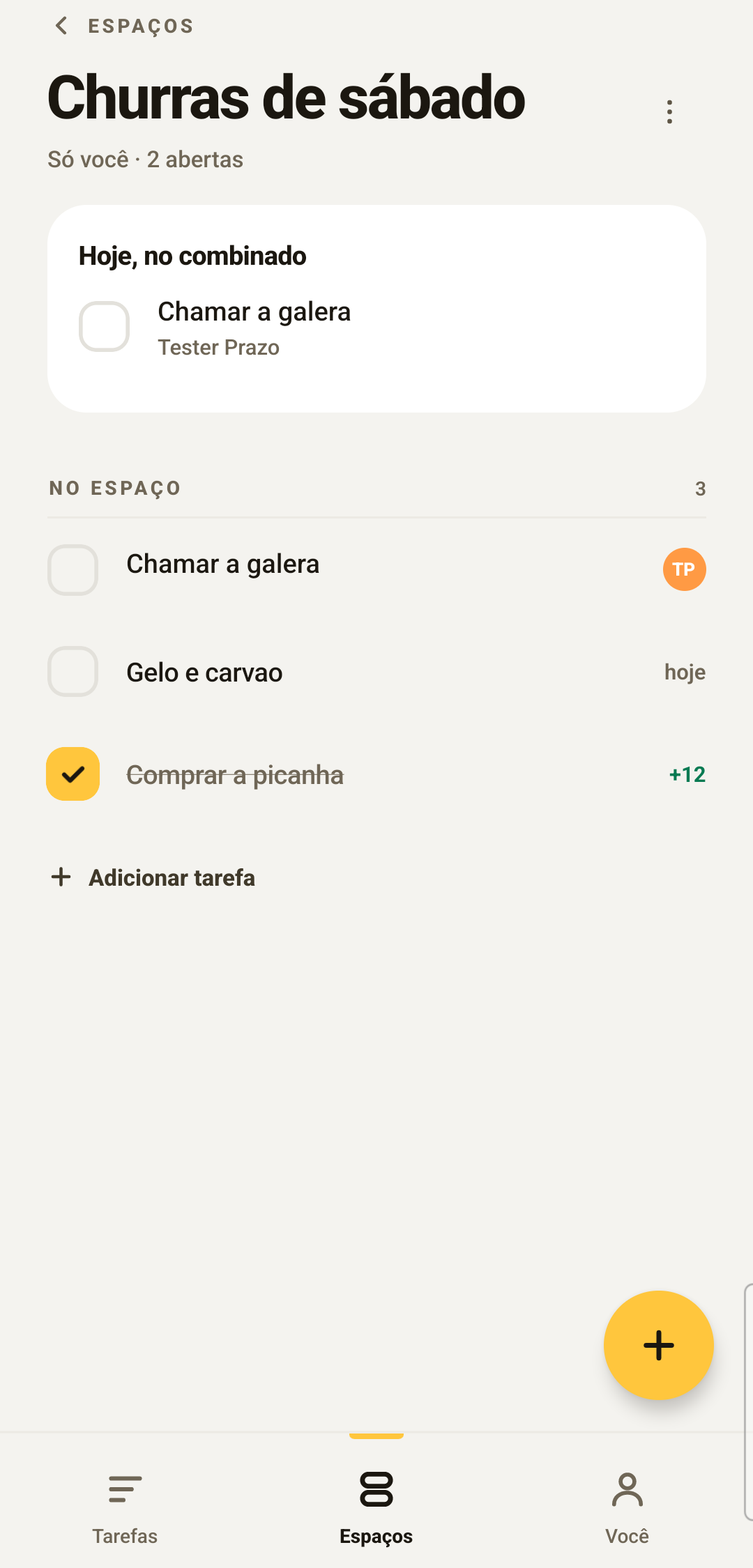 Espaço compartilhado do Aluza com a tarefa combinada para hoje e uma tarefa concluída valendo pontos